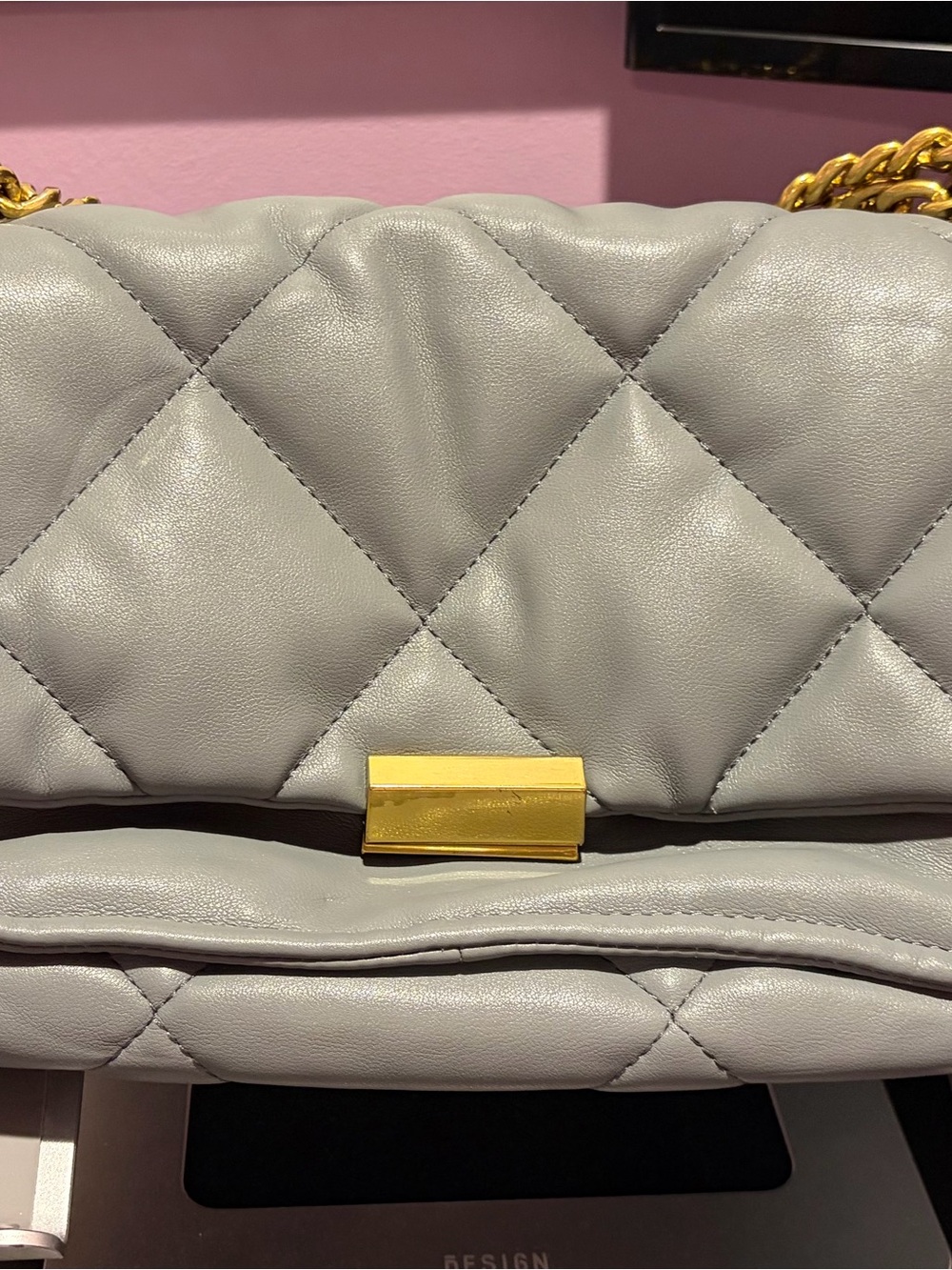 Mango Quilted Crossbody Bag in Light Gray with Gold Hardware